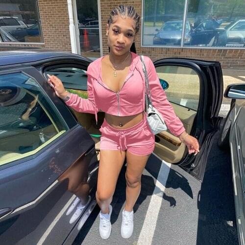 Biker Style Casual Two Piece Set Women Zipper Up Hooded Long Sleeve Crop Jackets+drawstring Shorts Active Sporty Tracksuit New