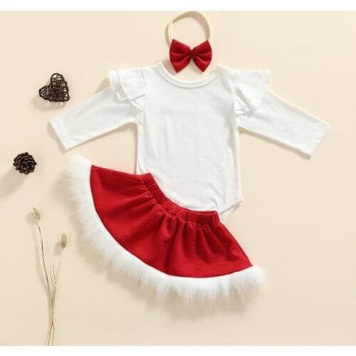 3Pcs Baby Christmas Outfit Solid Color Long-Sleeve Romper + Fluffy Skirt + Headband for Toddler Girls 0-24 Months
