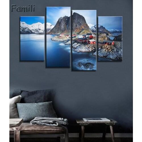 4pcs Norway mountains sea seaside town lofoten islands beautiful Living room home art decor wood frame fabric poster