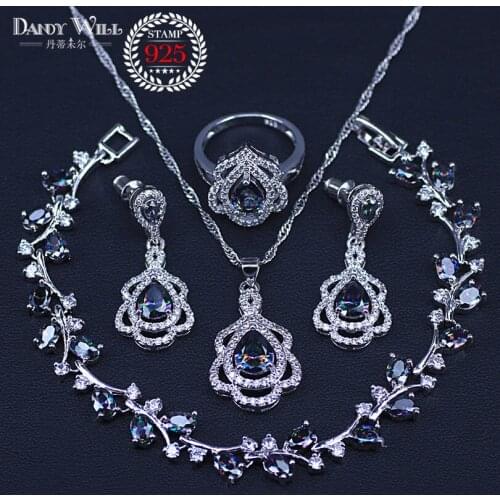 4PCS Ladies Magic Rainbow Stones Jewelry Sets Jewelry For Women Wedding Jewelry With Pendant/Bracelets/Ring/Earrings