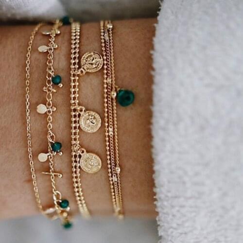 6 Pcs/Set Simple Alloy Hand Chains Coins Sequins Charm Bracelets for Women Beads Glass Bracelet Female 2020 Fashion Jewelry New