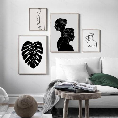 Abstract Woman Line Face Monstera Home Decoration Nordic Poster Art Canvas Painting Wall Pictures Living Room Unframed
