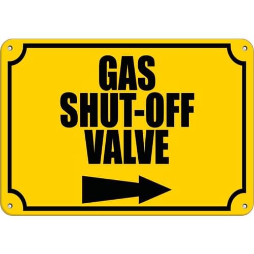 Aluminum Horizontal Metal Sign Multiple Sizes Gas Shut Off Valve with Right Arrow Hazard Emergency Yellow Fire Department