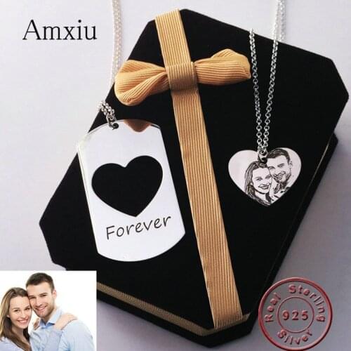 Amxiu Personalized Two Pieces 925 Sterling Silver Necklace Custom Photo Engrave Names Pendant Necklace For Lovers Souvenir Gifts