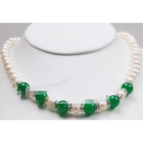Free shipping 7-8MM Natural white Akoya Pearl & Green (10MM) Round Beads Necklace 18"
