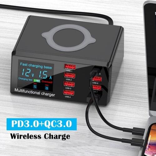 100W Wireless Charger Station 8 Ports USB PD3.0 QC3.0 Quick Phone Charging Dock For Samsung iPhone LED Mobile Charger Adapter