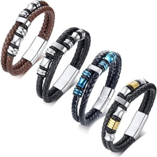 22CM Mens Black Leather Bracelet Mens and Womens Double Braided Rope Bracelet Magnetic Buckle Retro Cuff Bracelet