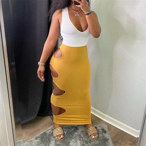 DSMTRC Sleeveless Bodycon Club Partywear V Neck One Piece Outfit Summer Dress 2021 New Cut Out Patchwork Maxi Dresses For Women