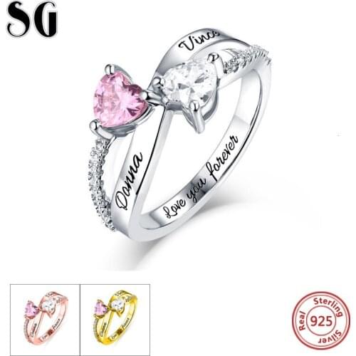 Engraved Double Love Heart Birthstone Ring Personalized 925 Sterling Silver Rings Sterling Silver Custom Jewelry for Lover