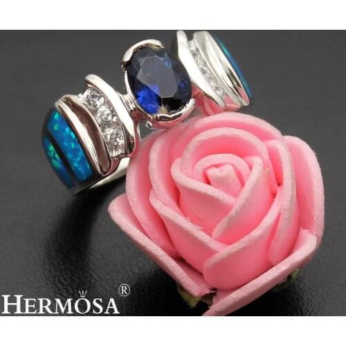 Hermosa Big Promotion Hermosa Beautiful Natural Australian Opal BlueSapphire Promise Band Ring Size 7 DF73