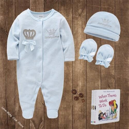 Baby Boys Rompers Royal Crown Prince Clothing Sets with Cap Gloves Infant Newborn One-Pieces Footies Overall Pajamas Velour