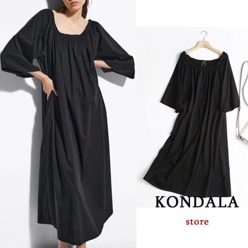 KONDALA Za 2021 Chic Black Casual Ruffles Midi Dress Three Quater Sleeve Loose Elegant Dress Fashion Autumn Mujer Vestidos