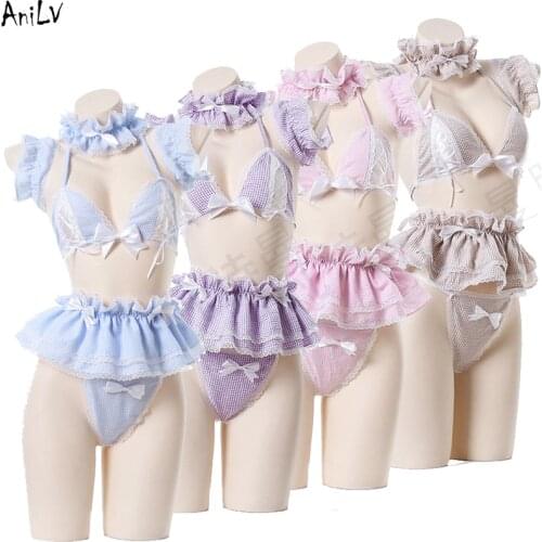 AniLV Candy Girl Anime Kawaii Lolita Plaid Maid Bikini Swimsuit Costume Women Summer Swimwear Uniform Lingerie Cosplay Clothes