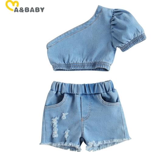 Ma&Baby 6M-4Y Summer Toddler Kid Girls Clothes Sets Denim Outfits One Shoulder Crop Top Shorts Jeans Outfits Costumes