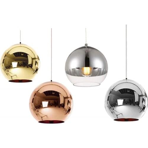 Copper Silver Shade Mirror Pendant Light E27 Bulb LED Pendant Lamp Modern Christmas Glass Ball Lighting Bedroom Living Room Lamp