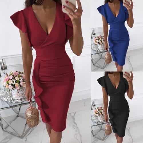 Solid color Print Bodycon Dress Casual Sexy V-neck Solid Slimming Ruffle Hem Ruched Sleeveless Dresses For Women Party
