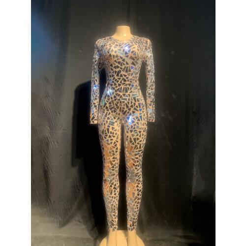 Sexy Mirrors Jumpsuit for Women Stage Show Dance Wear Mesh Sequins Playsuit Nightclub Dance Performance Stretch Costume