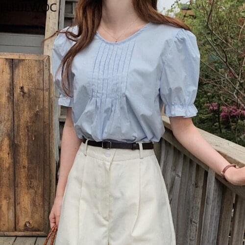 Pleated Tops And Blouses Summer Girls Solid Color Flare Sleeve Chic Korean Fashion Shirts Blue Cute Women Top Blusas