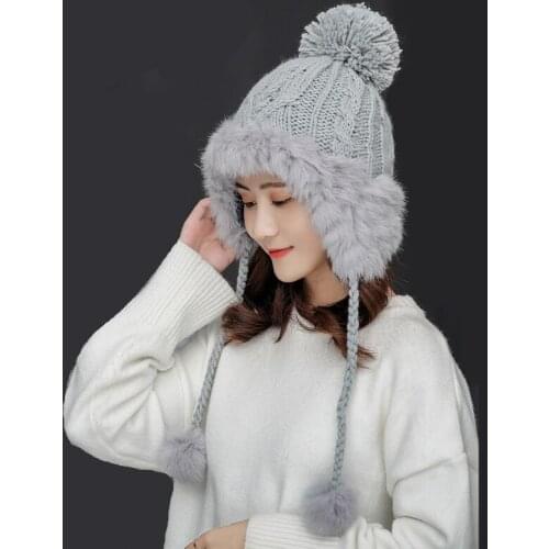 Simple Bomber Hats Caps Women Knit Real rabbit hair Hat Cap Ears Protector Wool Beanies Hats Girls Hat Winter