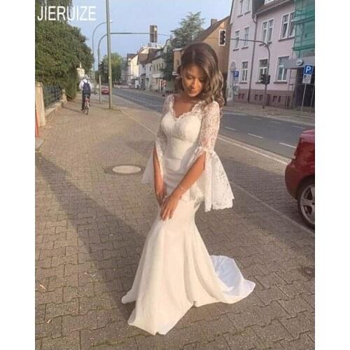 JIERUIZ Chic Lace Mermaid Wedding Dresses V Neck Button Back Elegant Flare Sleeves Boho Wedding Gowns For Women vestido de noiva