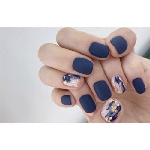Blue impressionism pure color with gold foil and halo dyeing pattern fake nails french false nails bride lady full nail tips