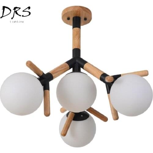 Nordic Wood Restaurant Chandelier Lighting Bedroom Study Room Wooden Lustre Molecular Luminaire Iron Deco Glass Pendant Lamp