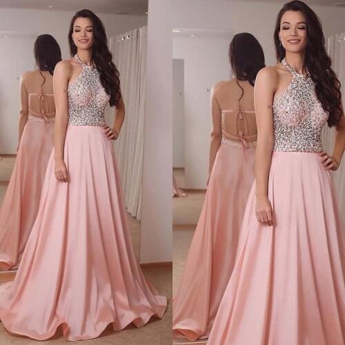 SuperKimJo Halter Beaded Prom Dresses 2020 Backless Pink A Line Cheap Prom Dresses Bestidos De Gala