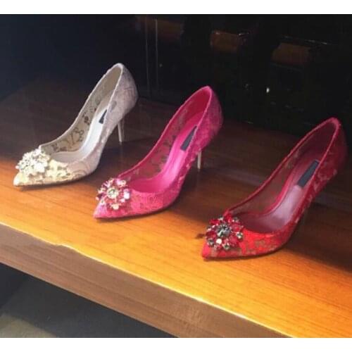 Moraima Snc Crystal Embellished High Heel Shoes Pointed Toe Lace Embroidery Party Wedding Shoe Sexy Stiletto Heels