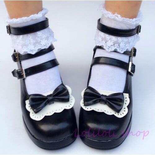 Princess sweet lolita shoes Japanese design customized special shaped black with white bow tie high heel an5198