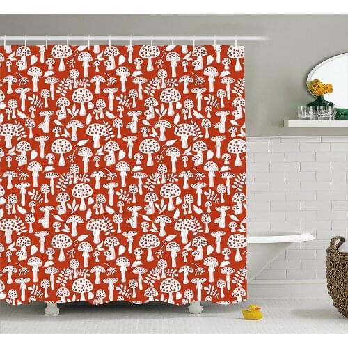 Mushroom Shower Curtain Cute Amanita with Leaves Berries Poisonous Plants Cartoon Style Waterproof Polyester Bath Curtains