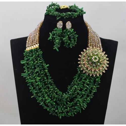 Green Coral Nigerian Beads Set Gold Crystal Chunky Women Jewelry Set African Coral Party Jewelry Set Free Shipping CNR676