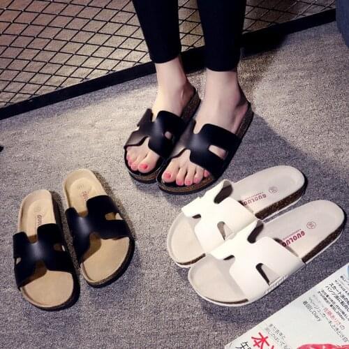 Womens Cork Slippers 2021 Summer New Flat-bottomed Fashion Non-slip Casual Outer Wear All-over Sandals Beach Shoes