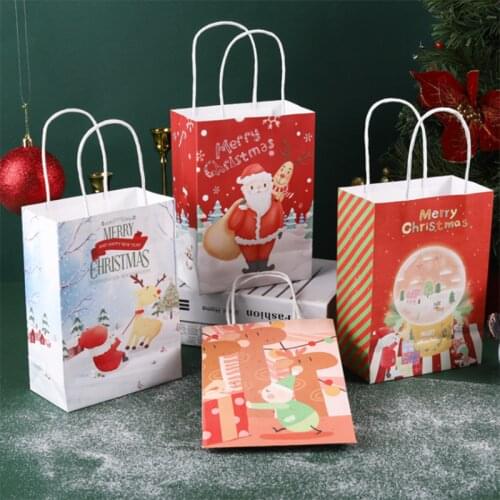 2pcs Kraft Paper Bags Snowman Christmas Tree Gift Bags With Handle Cookie Packaging Bags Merry Xmas New Year Party Favor Boxes