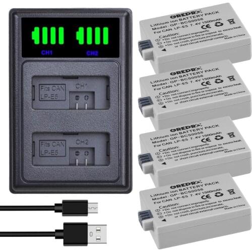 4Pcs LPE5 LP-E5 Li-ion Battery for Canon 450D 500D 1000D Kiss X2 X3 F Rebel XSi Xli XS L15 + Type-C Dual LP E5 Charger