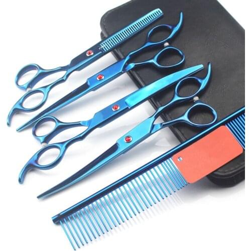 5 kit Japan 440c 7 '' blue pet dog grooming hair scissors pet cutting shears haircut thinning barber hairdressing scissors set