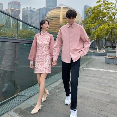 【 6955】Lovers wear 2021 new lace long sleeve retro cheongsam improved dress couples clothes couples clothing