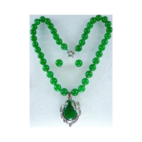Free shipping New 10MM noblest red green jade necklace +pendant earring set 18"AAA