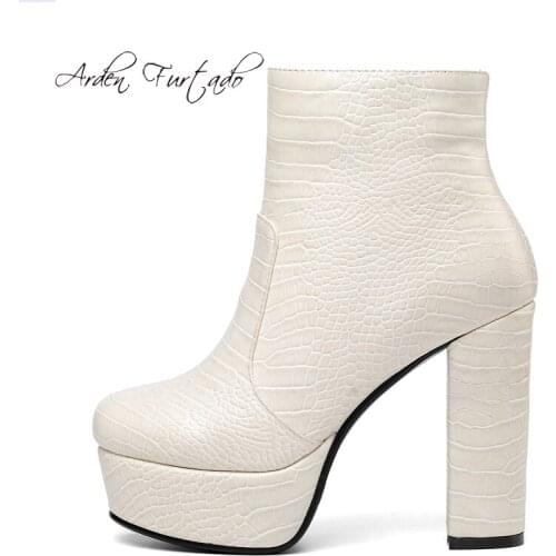 Arden Furtado Fashion Womens Shoes Winter Leather Chunky Heels Zipper Sexy Elegant Pure Color ankle Boots Classics white boots