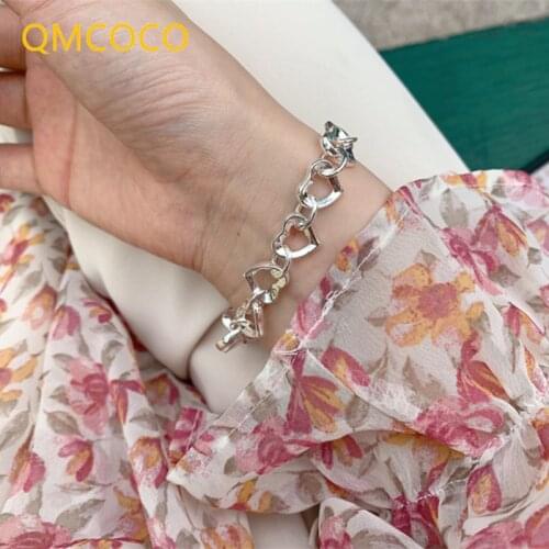 QMCOCO 925 Silver Bracelets For Gilr New Style Trendy Elegant Simple Sweet Hollow Out Heart-Shape OT Buckle Jewelry Accessories