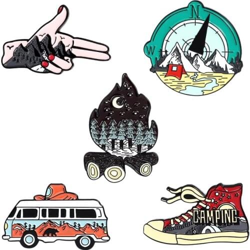 Tour Bus Compass Shoes Hiking Brooch Bag Clothes Backpack Lapel Enamel Pin Badges Cartoon Jewelry Gifts For Friend Women