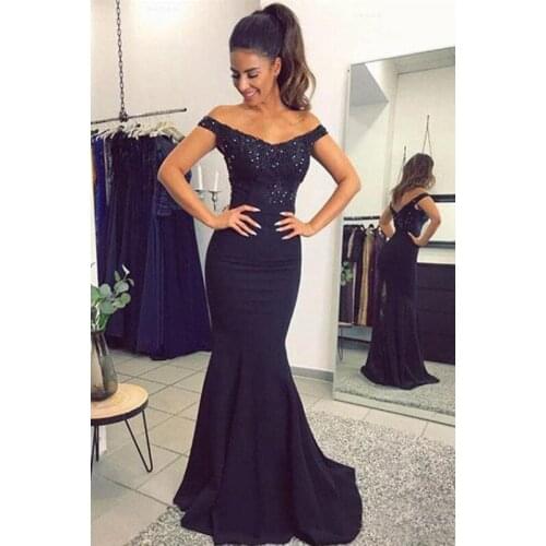 Black Off The Shoulder Satin Mermaid Long Prom Dresses Lace Applique Beaded Sweep Train Formal Party Evening Gowns