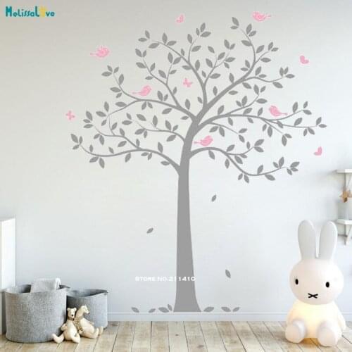 Two Colors Simple Tree Wall Sticker Nursery Birds Butterflies Lively Art Tattoo Nature Decals Home Decor Self-adhesive YT3491