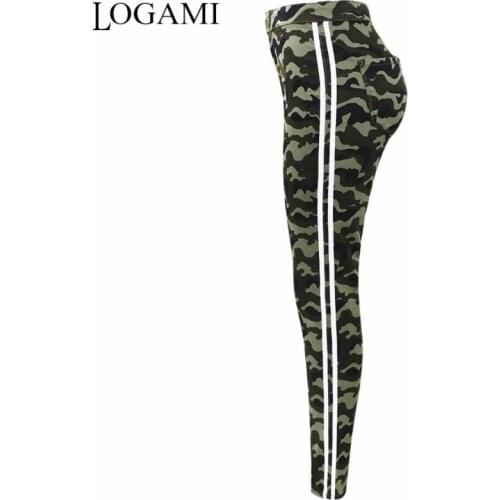 LOGAMI High Waist White Stripes Army Green Jeans Woman Skinny Camouflage Jeans Womens Pencil Denim Pants Camo