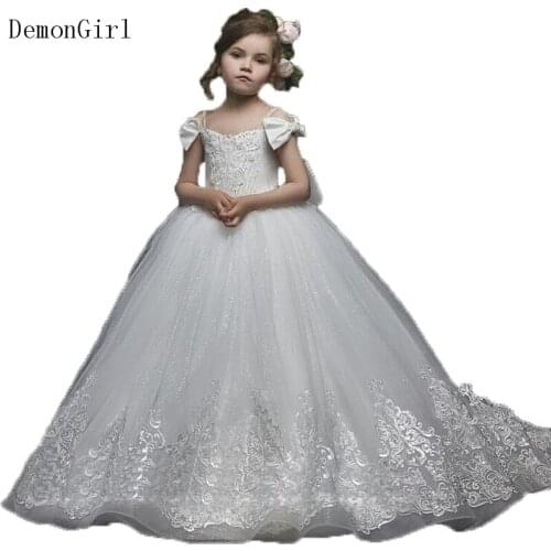 Elegant Girls First Communion Dresses Kids Ball Gown Applique Lace Tulle Little Bride Flower Girl Dresses with Train