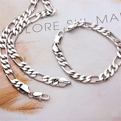 Figaro Chain Necklace+Bracelet White Gold Filled Jewelry Sets for Men / Women