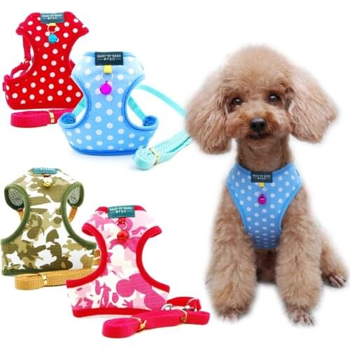 Dog Cat Polka Dot Print Cotton Harness Vest Pet Adjustable with Bell Walking Leash for Puppy Mesh Harness for Small Medium Dog