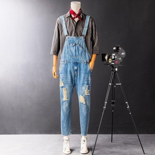 Men Casual Loose Straight Straps Denim Bib Pants Jeans Rompers with Pocket Men Jumpsuit Long Pants Suspenders Men Cargo Overalls