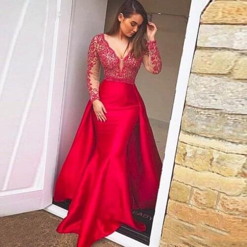 V-Neck Red Evening Dresses Long Sleeve Mermaid Dress Detachable Slirt Elastic Satin Prom Dresses Beading Lace Evening Gowns Plus