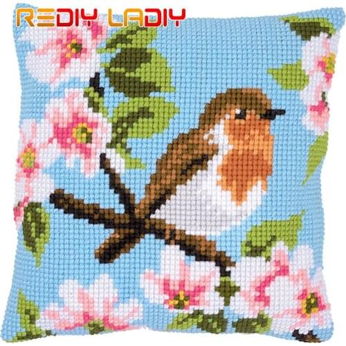 Cross Stitch Cushion Robin & Blossoms Pillow Case Pre-Printed Canvas Thick Yarn Cross-stitch Kits Needlepoint Arts and Crafts