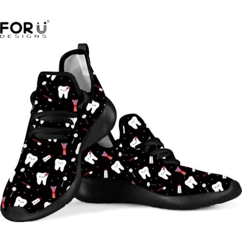 FORUDESIGNS Casual Woman Spring/Autumn Mesh Knit Sneakers Funny Cartoon Tooth/Dentist Print Black Flat Shoes Breathable Footwear
